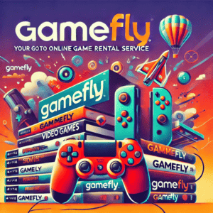 Featured image for a blog post about GameFly, showing video game controllers and a stack of video games with realistic covers, with the text 'Your Go-To Online Game Rental Service'.