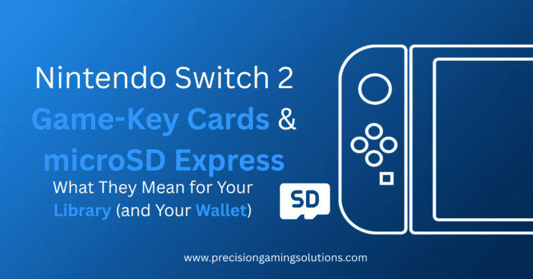 Nintendo Switch 2 console with a microSD Express card and game card on an blue background, with blog title text overlay.